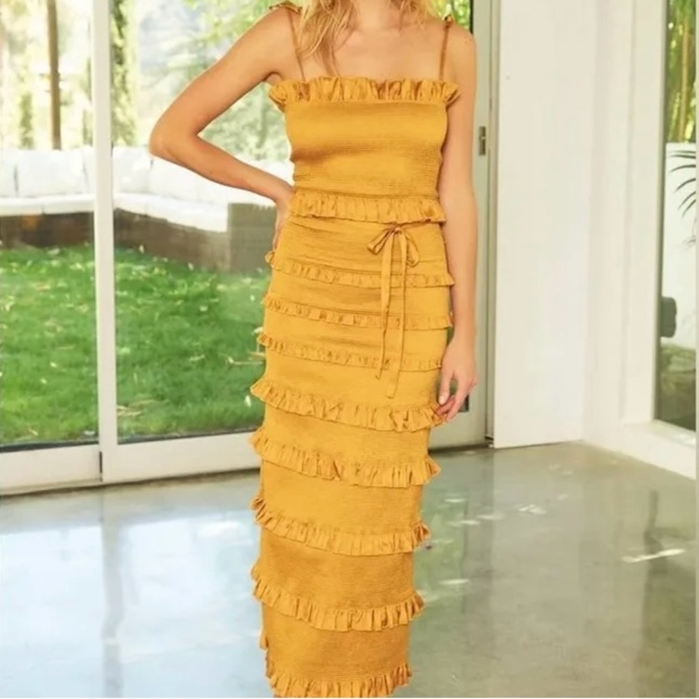 V. Chapman | Lily rushed/smocked/ruffle tiered midi dress